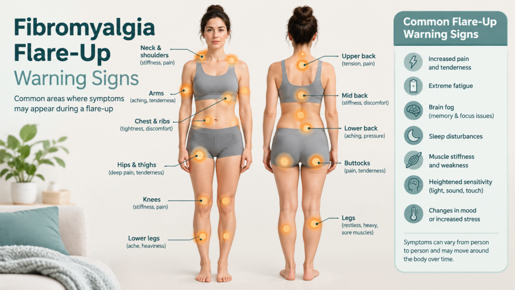 Illustration of a body outline with amber dots showing where fibromyalgia flare-up warning signs often appear