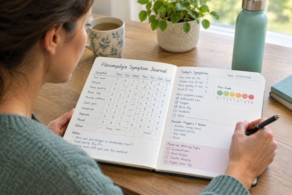 Person tracking fibromyalgia symptoms in a daily journal to spot flare-ups early