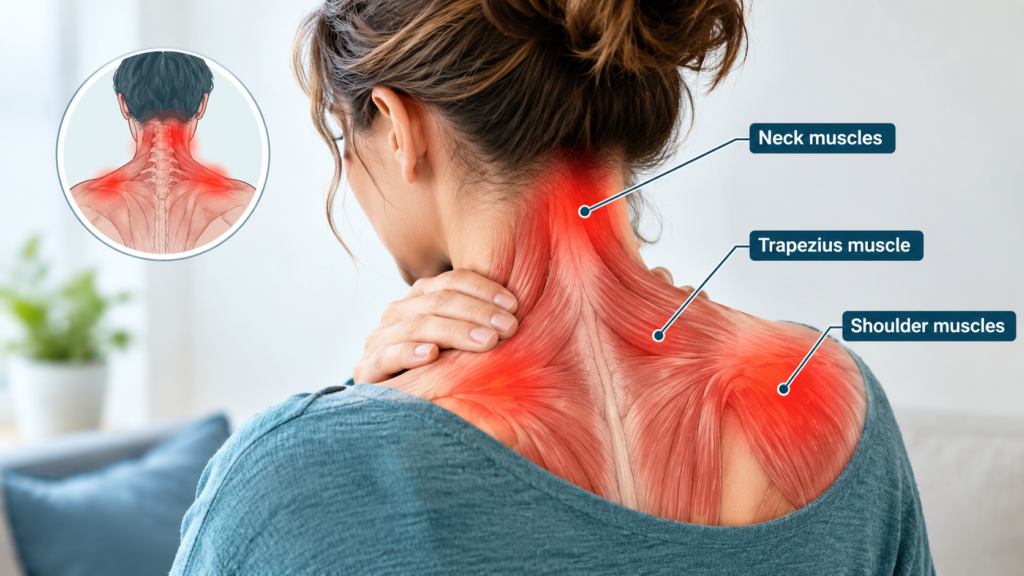 Illustration of neck and shoulder muscles affected by fibromyalgia neck pain