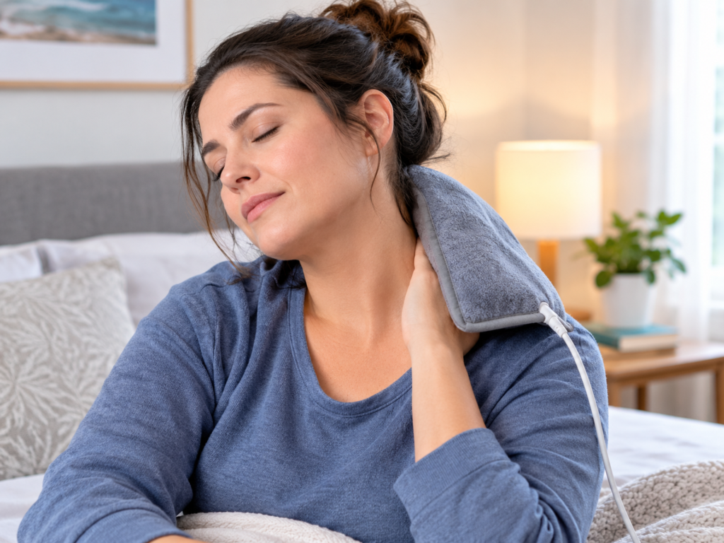 Using a heating pad on the neck to ease fibromyalgia neck pain
